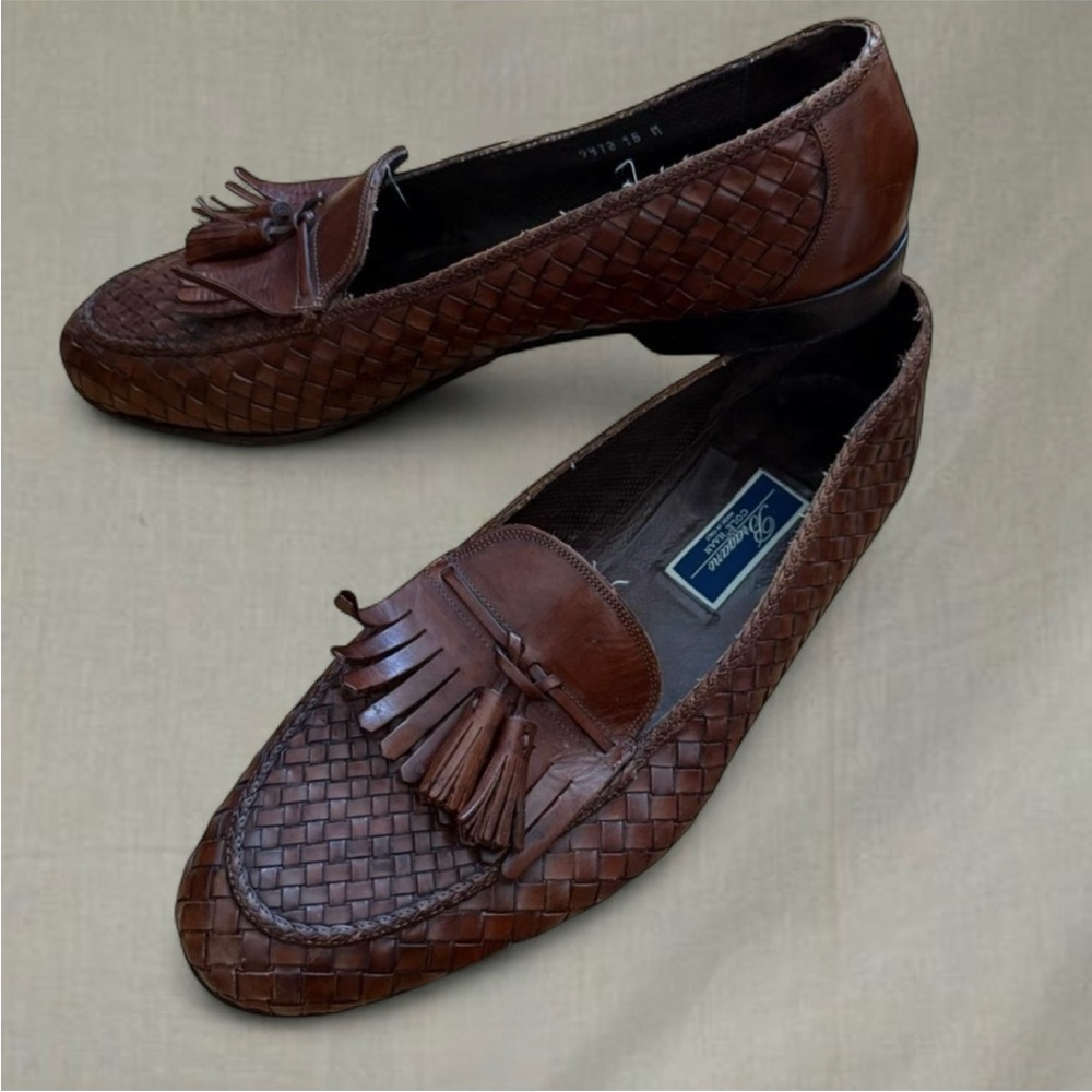 Vintage Cole Haan x Bragano Brown leather woven loafers fringe tassel